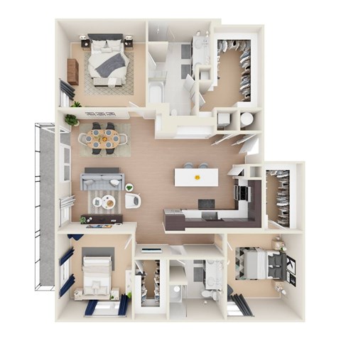 A 3D floor plan of a house showing a kitchen, living room, dining area, and bedrooms.